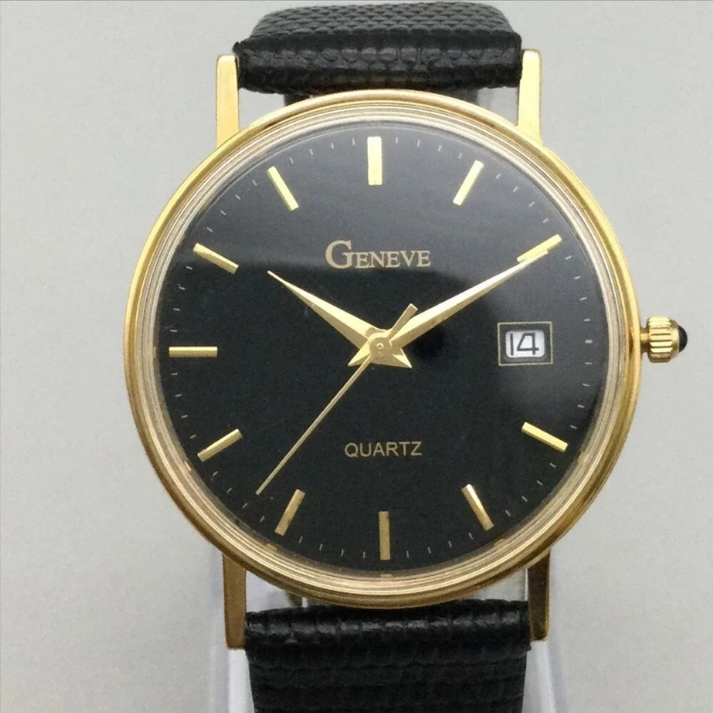 Vintage Geneve Mens Watch 33mm Black Dial Date 14K Gold Leather New Battery